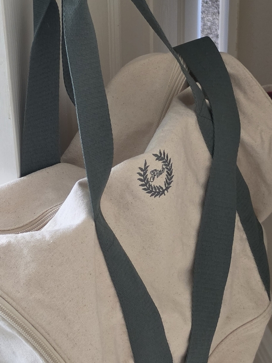 Victoria's Secret Handbags - VICTORIA'S SECRET PINK Cream Canvas Duffle with Dark Green Straps